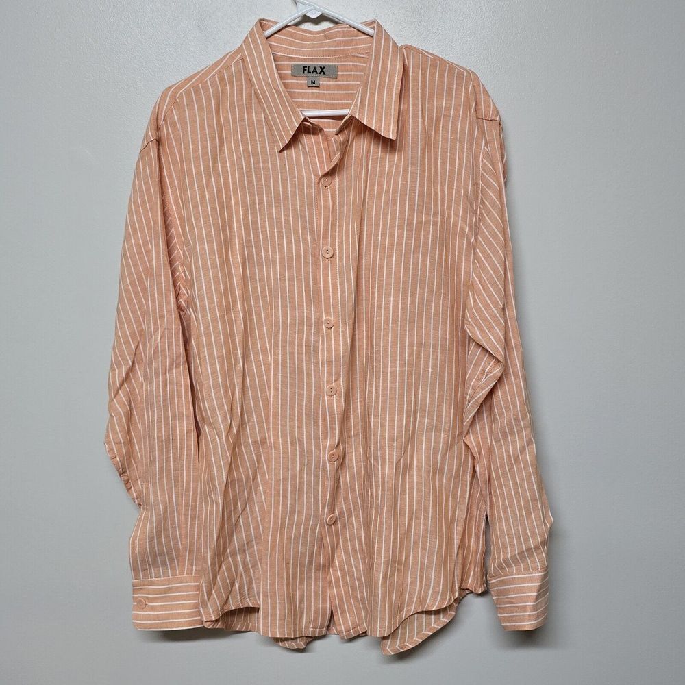 Flax Womens Men's Shirt Linen Button Down Orange Stripe Shirt Minimalist Sz‎ M